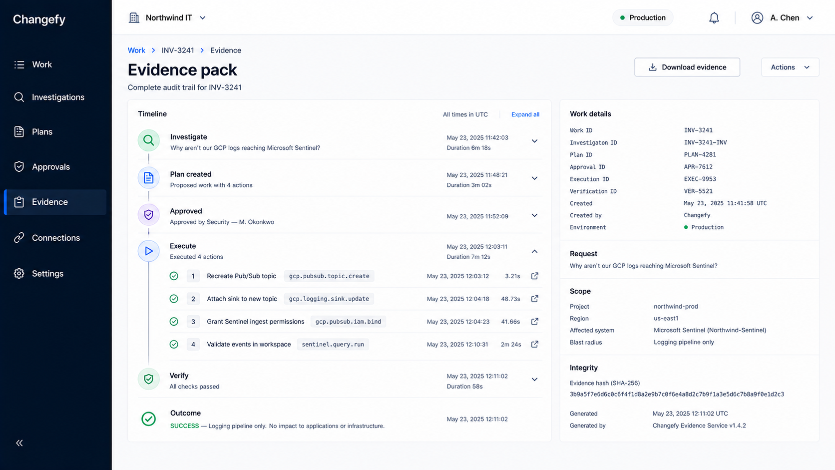Changefy evidence pack screen showing a complete audit timeline and integrity hash for a completed work item