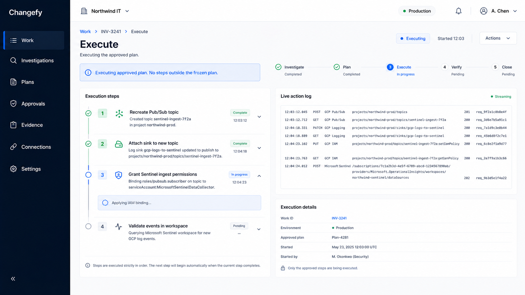 Changefy execution screen streaming a live action log while running an approved plan against production