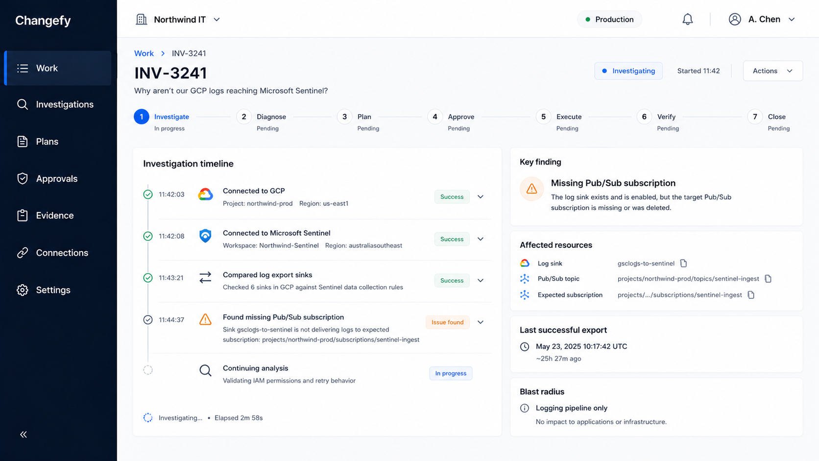 Changefy investigation screen showing correlated sources across GCP, Microsoft Sentinel, and GitHub for a stalled log pipeline
